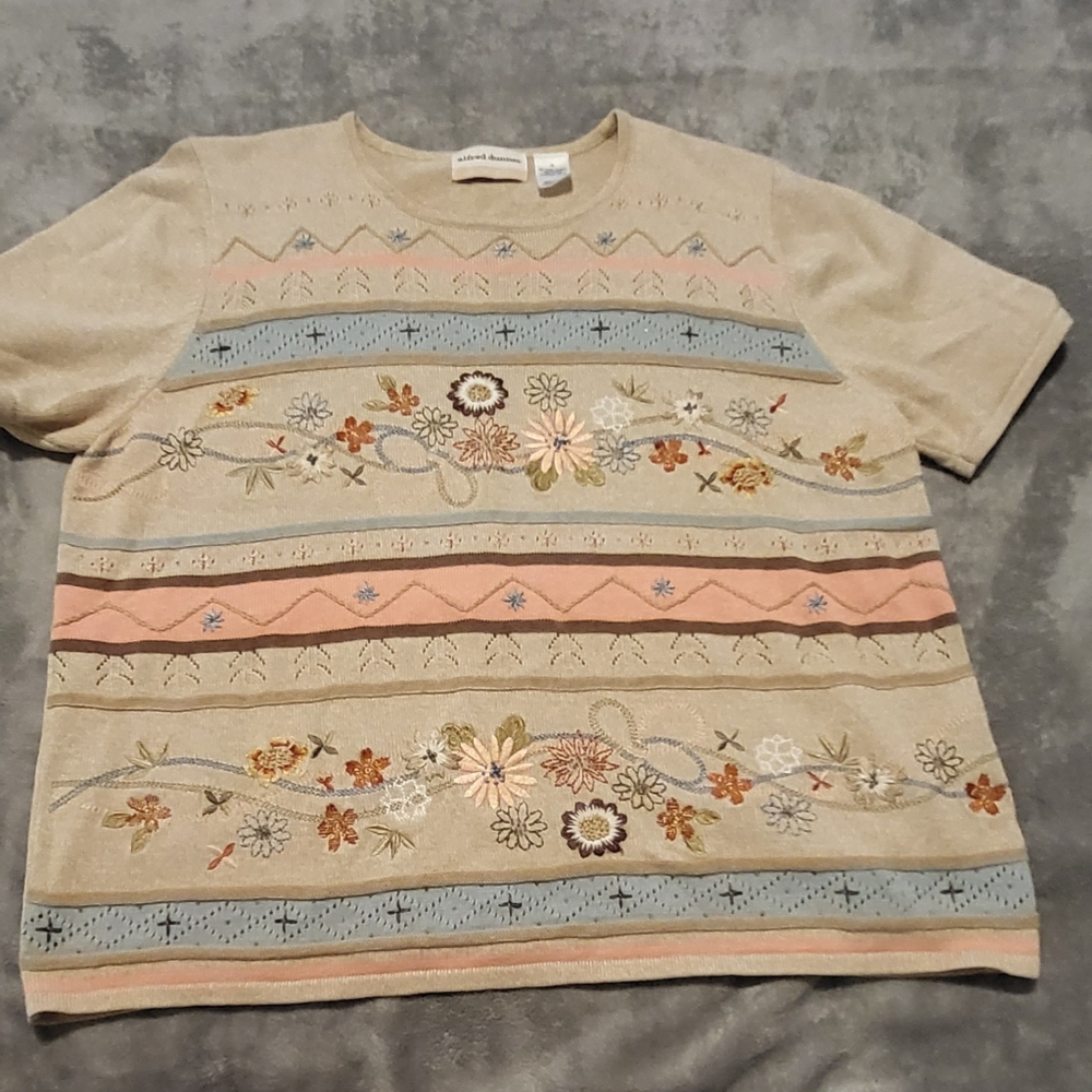 Vintage sweater short sleeve knit embroidered floral cottage grandma XL 1X